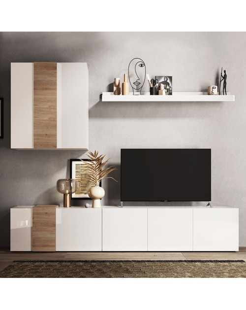 Parete attrezzata 301x44x195h Sabry colore bianco lucido rovere Kadiz