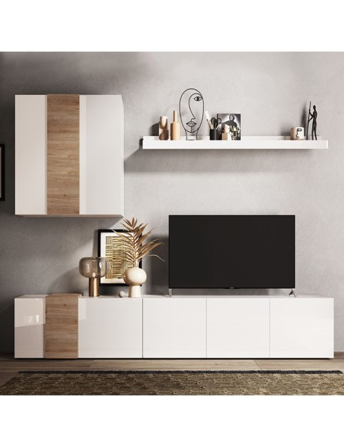 Parete Attrezzata 301x44x195h Sabry Colore Bianco Lucido Rovere Kadiz
