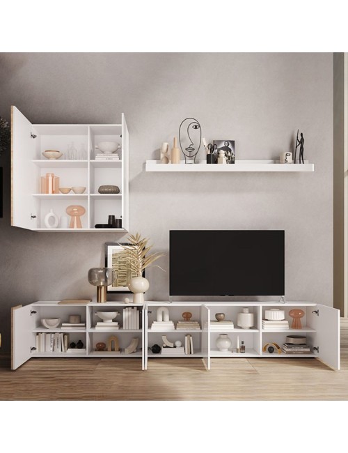 Parete Attrezzata 301x44x195h Sabry Colore Bianco Lucido Rovere Kadiz