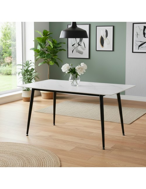 Tavolo da Pranzo Kilo 160×90 cm in Ceramica Effetto Marmo Bianco opaco e Gambe Nere