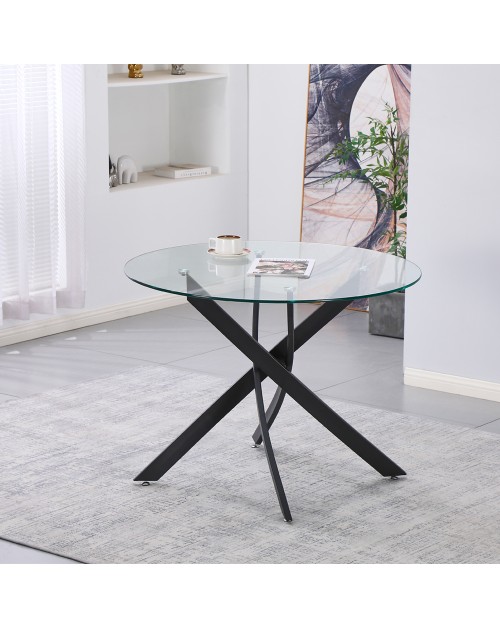 Tavolo Rotondo Peyton 100x100 cm in Vetro Temperato con Gambe Incrociate nere