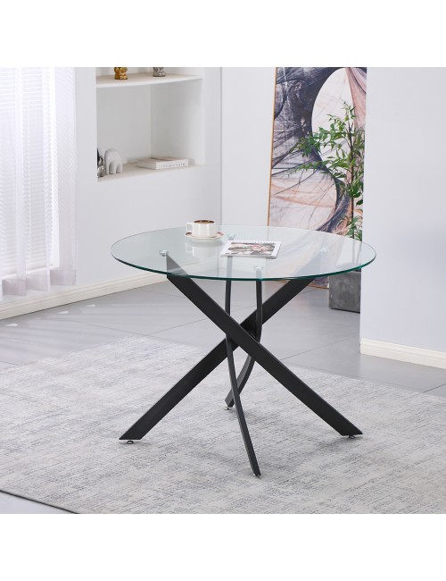 Tavolo Rotondo Peyton 100x100 cm in Vetro Temperato con Gambe Incrociate nere