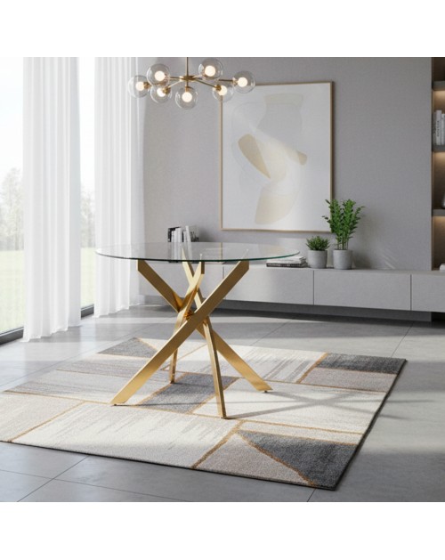 Tavolo Rotondo Peyton 100x100 cm in Vetro Temperato con Gambe Incrociate oro