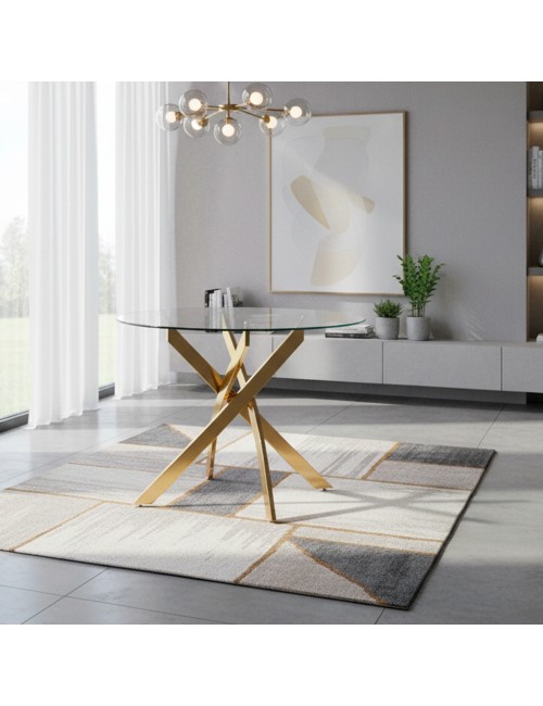 Tavolo Rotondo Peyton 100x100 cm in Vetro Temperato con Gambe Incrociate oro