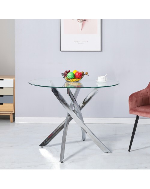 Tavolo Rotondo Peyton 130x130 cm in Vetro Temperato con Gambe Incrociate Cromate