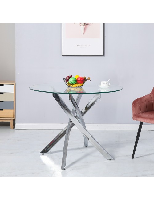 Tavolo Rotondo Peyton 130x130 cm in Vetro Temperato con Gambe Incrociate Cromate