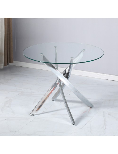 Tavolo Rotondo Peyton 130x130 cm in Vetro Temperato con Gambe Incrociate Cromate