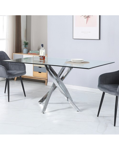 Tavolo da Pranzo Peyton 160×90 cm in Vetro Temperato con Gambe Incrociate Cromate