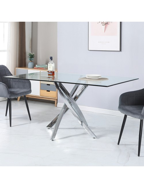 Tavolo da Pranzo Peyton 160×90 cm in Vetro Temperato con Gambe Incrociate Cromate
