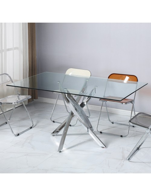Tavolo da Pranzo Peyton 160×90 cm in Vetro Temperato con Gambe Incrociate Cromate