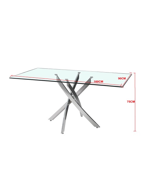 Tavolo da Pranzo Peyton 160×90 cm in Vetro Temperato con Gambe Incrociate Cromate