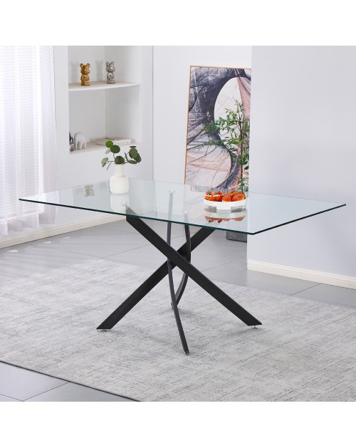 Tavolo da Pranzo Peyton 160×90 cm in Vetro Temperato con Gambe Incrociate Nere