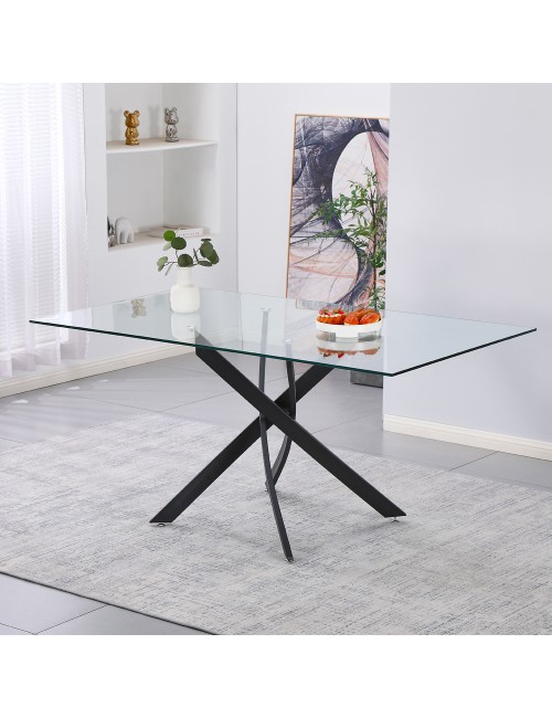 Tavolo da Pranzo Peyton 160×90 cm in Vetro Temperato con Gambe Incrociate Nere