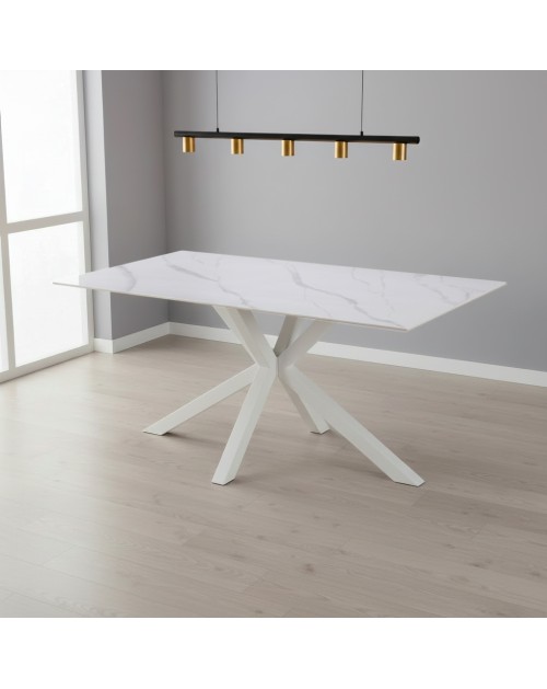 Tavolo da Pranzo Hunter 160×90 cm in Ceramica Effetto Marmo Bianco con Gambe Design Bianche