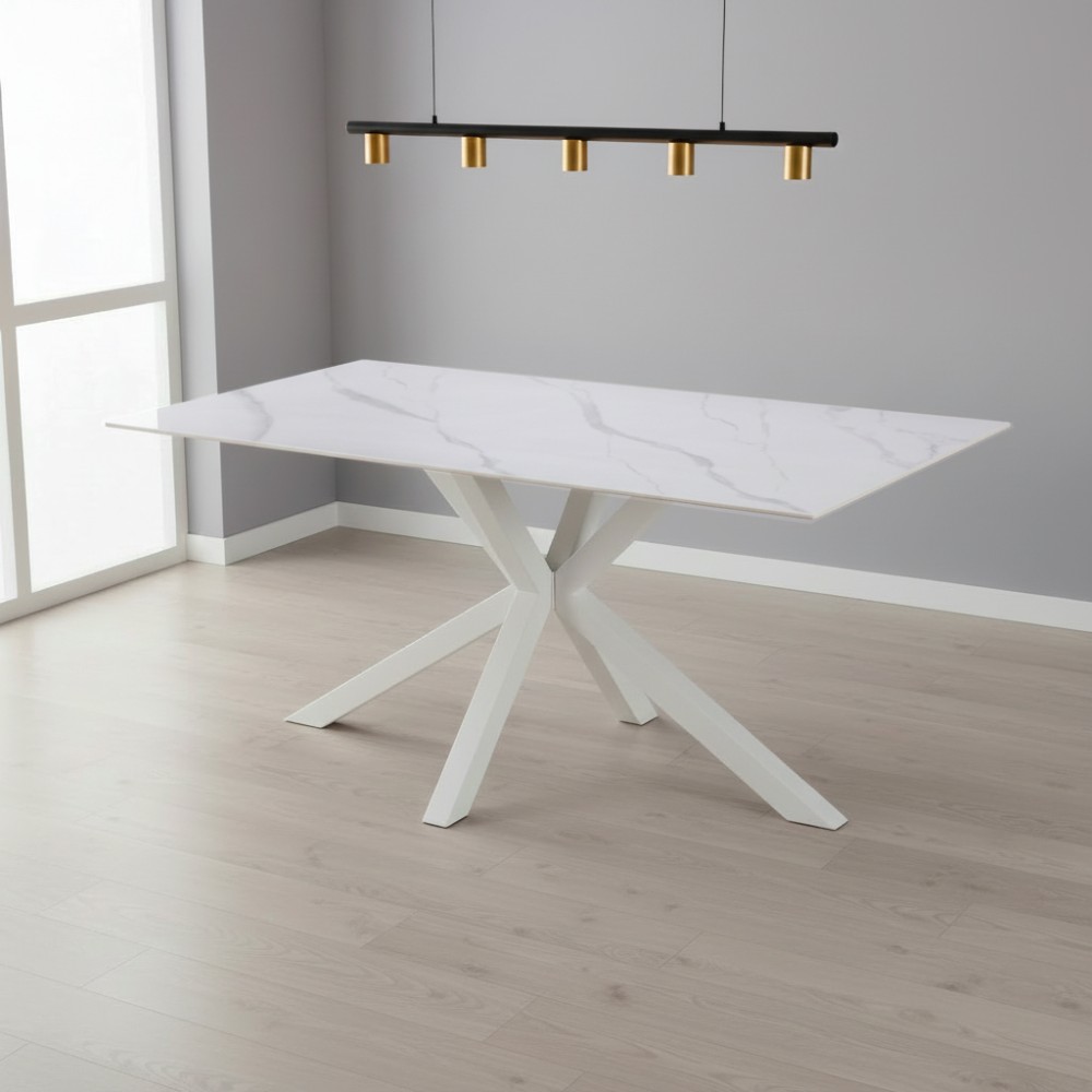 Tavolo da Pranzo Hunter 160×90 cm in Ceramica Effetto Marmo Bianco con Gambe Design Bianche