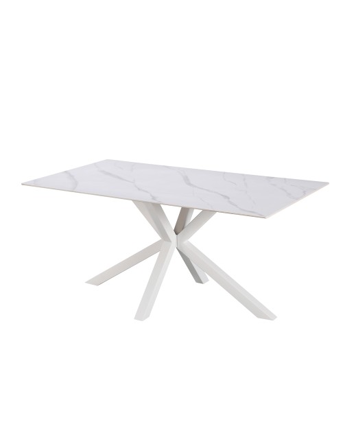 Tavolo da Pranzo Hunter 160×90 cm in Ceramica Effetto Marmo Bianco con Gambe Design Bianche