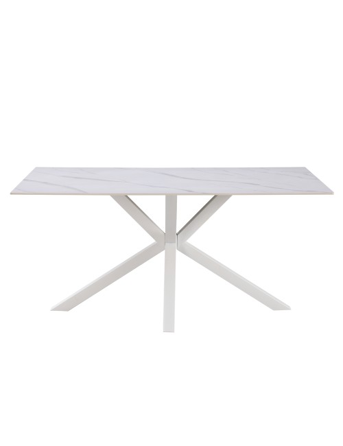 Tavolo da Pranzo Hunter 160×90 cm in Ceramica Effetto Marmo Bianco con Gambe Design Bianche