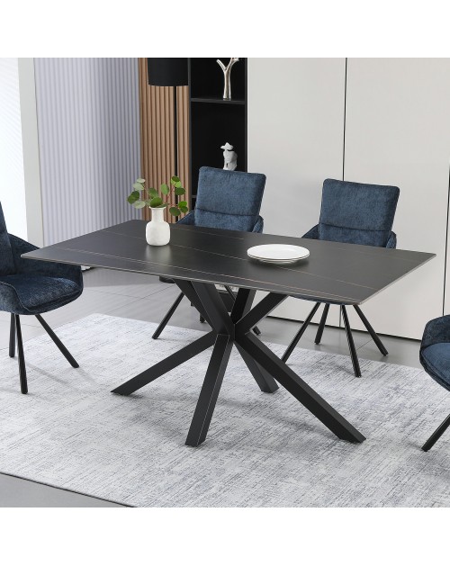 Tavolo da Pranzo Hunter 160×90 cm in Ceramica Effetto Marmo nero con Gambe Design nere