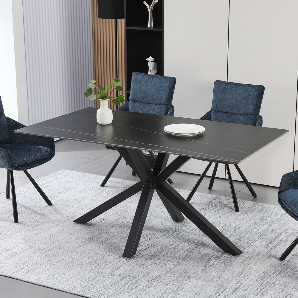 Tavolo da Pranzo Hunter 160×90 cm in Ceramica Effetto Marmo nero con Gambe Design nere