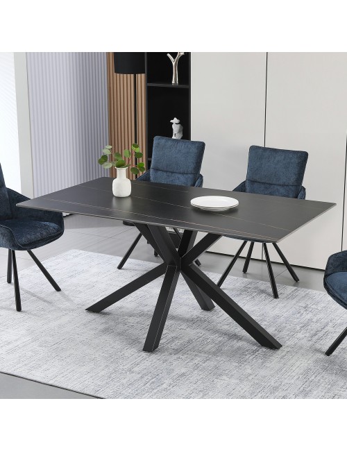 Tavolo da Pranzo Hunter 160×90 cm in Ceramica Effetto Marmo nero con Gambe Design nere