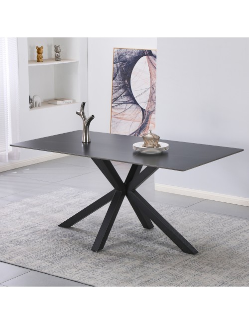 Tavolo da Pranzo Hunter 160×90 cm in Ceramica Effetto Marmo nero con Gambe Design nere