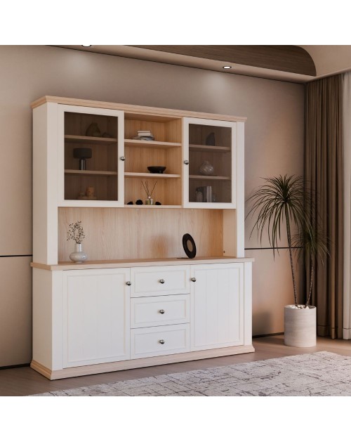 Vetrina Essenza 4 Ante, 3 Cassetti e Nicchie a Giorno bianco e Rovere – Stile Classico Moderno