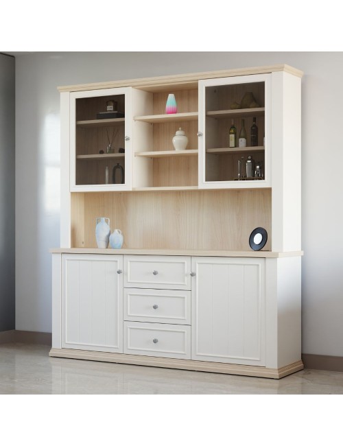 Vetrina Essenza 4 Ante, 3 Cassetti e Nicchie a Giorno bianco e Rovere – Stile Classico Moderno