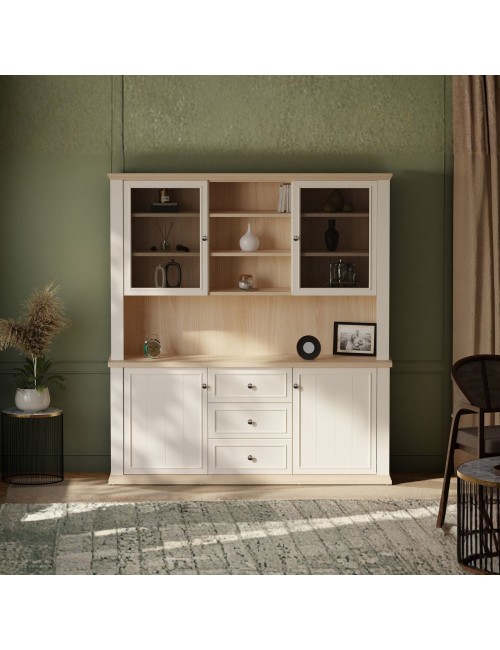Vetrina Essenza 4 Ante, 3 Cassetti e Nicchie a Giorno bianco e Rovere – Stile Classico Moderno