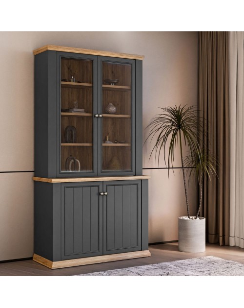 Vetrina Essenza 4 Ante Grigio scuro e Rovere – Stile Classico Moderno