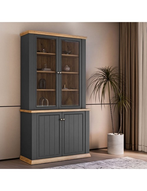 Vetrina Essenza 4 Ante Grigio scuro e Rovere – Stile Classico Moderno