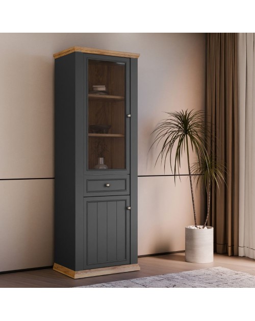 Vetrina Essenza 1 Anta Vetro e 1 Anta con Cassetto grigio scuro e Rovere 202 cm – Stile Classico