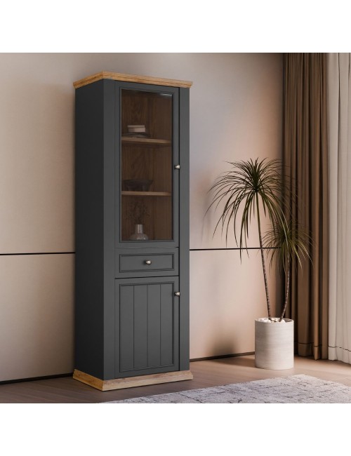 Vetrina Essenza 1 Anta Vetro e 1 Anta con Cassetto grigio scuro e Rovere 202 cm – Stile Classico