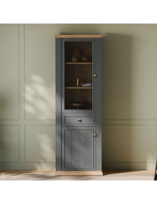 Vetrina Essenza 1 Anta Vetro e 1 Anta con Cassetto grigio scuro e Rovere 202 cm – Stile Classico