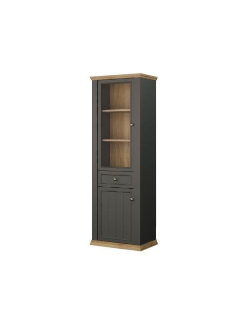 Vetrina Essenza 1 Anta Vetro e 1 Anta con Cassetto grigio scuro e Rovere 202 cm – Stile Classico