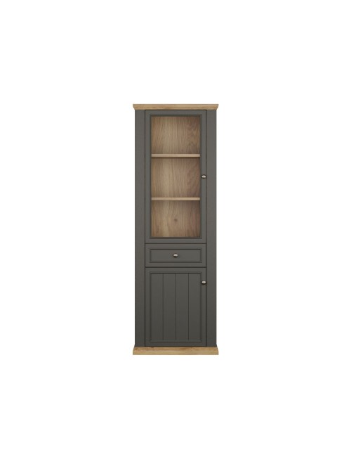Vetrina Essenza 1 Anta Vetro e 1 Anta con Cassetto grigio scuro e Rovere 202 cm – Stile Classico