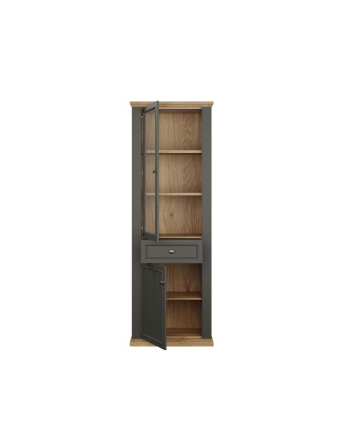 Vetrina Essenza 1 Anta Vetro e 1 Anta con Cassetto grigio scuro e Rovere 202 cm – Stile Classico