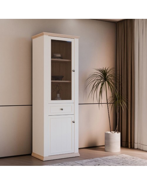 Vetrina Essenza 1 Anta Vetro e 1 Anta con Cassetto Bianco e Rovere 202 cm – Stile Classico