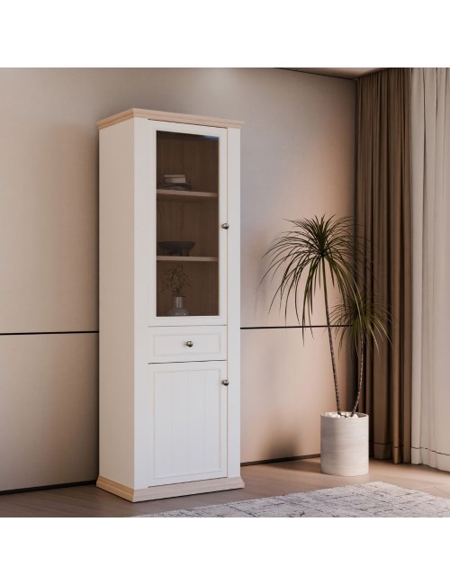 Vetrina Essenza 1 Anta Vetro e 1 Anta con Cassetto Bianco e Rovere 202 cm – Stile Classico