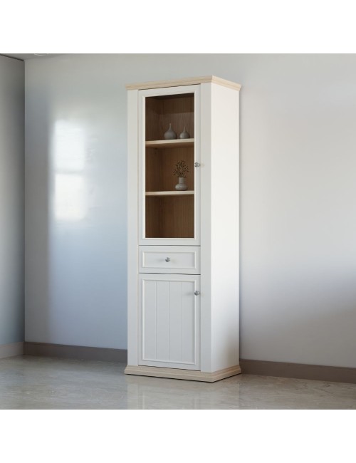 Vetrina Essenza 1 Anta Vetro e 1 Anta con Cassetto Bianco e Rovere 202 cm – Stile Classico