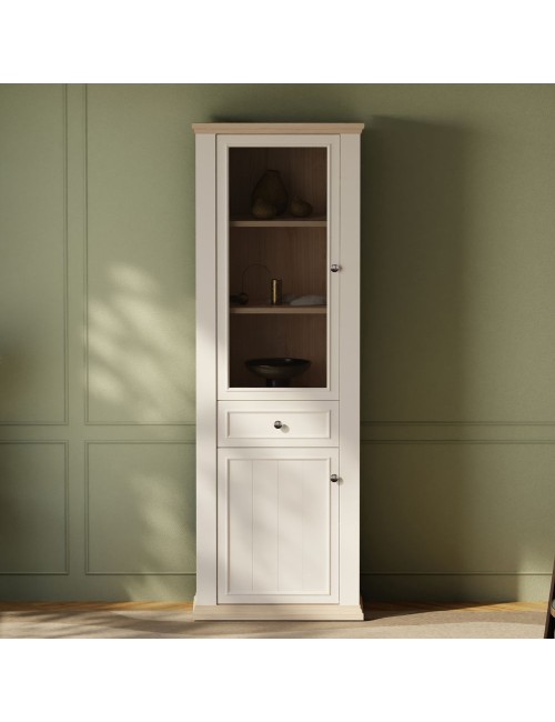 Vetrina Essenza 1 Anta Vetro e 1 Anta con Cassetto Bianco e Rovere 202 cm – Stile Classico