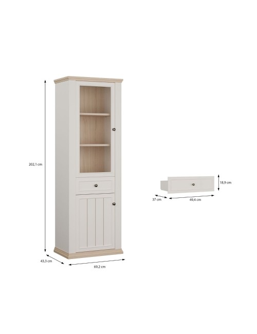 Vetrina Essenza 1 Anta Vetro e 1 Anta con Cassetto Bianco e Rovere 202 cm – Stile Classico