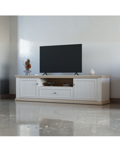 Porta TV Essenza 200 cm Bianco e Rovere con 2 Ante, Cassetto e Vano a giorno – Stile Classico Moderno