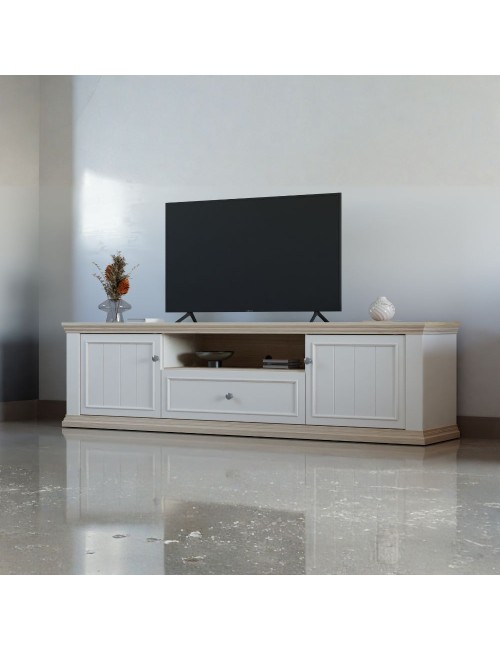 Porta TV Essenza 200 cm Bianco e Rovere con 2 Ante, Cassetto e Vano a giorno – Stile Classico Moderno