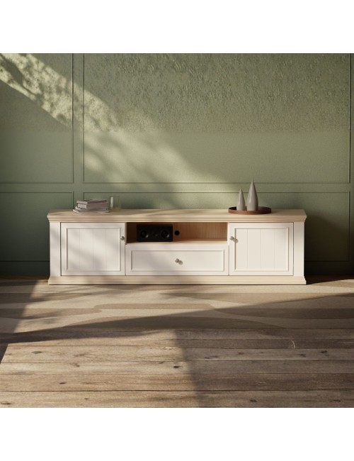 Porta TV Essenza 200 cm Bianco e Rovere con 2 Ante, Cassetto e Vano a giorno – Stile Classico Moderno