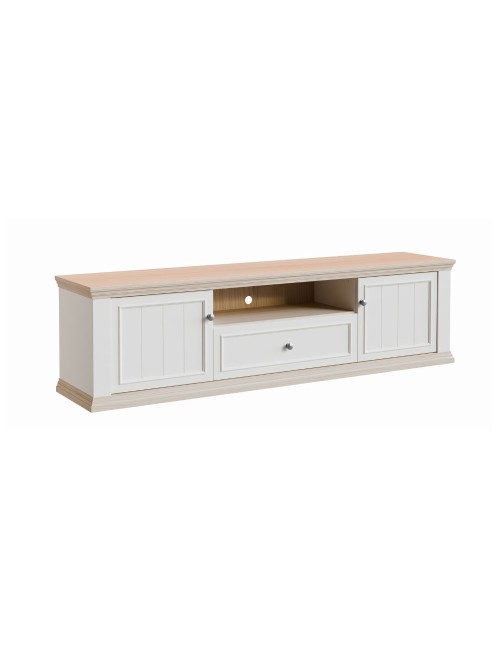 Porta TV Essenza 200 cm Bianco e Rovere con 2 Ante, Cassetto e Vano a giorno – Stile Classico Moderno