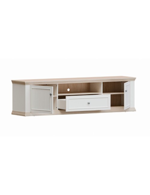 Porta TV Essenza 200 cm Bianco e Rovere con 2 Ante, Cassetto e Vano a giorno – Stile Classico Moderno