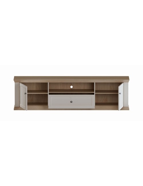 Porta TV Essenza 200 cm Bianco e Rovere con 2 Ante, Cassetto e Vano a giorno – Stile Classico Moderno