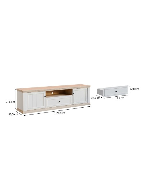 Porta TV Essenza 200 cm Bianco e Rovere con 2 Ante, Cassetto e Vano a giorno – Stile Classico Moderno