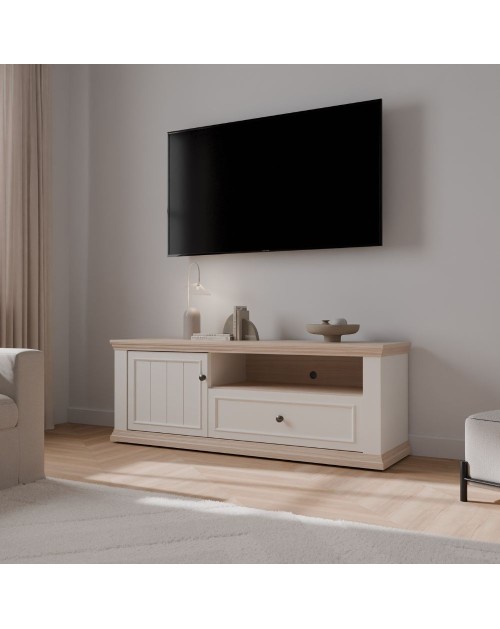 Porta TV Essenza 150 cm Bianco e Rovere con Anta, Cassetto e Vano a Giorno – Stile Classico Moderno