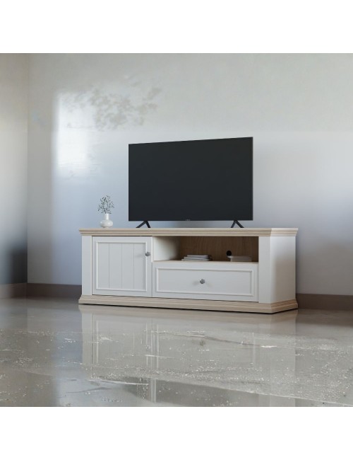Porta TV Essenza 150 cm Bianco e Rovere con Anta, Cassetto e Vano a Giorno – Stile Classico Moderno